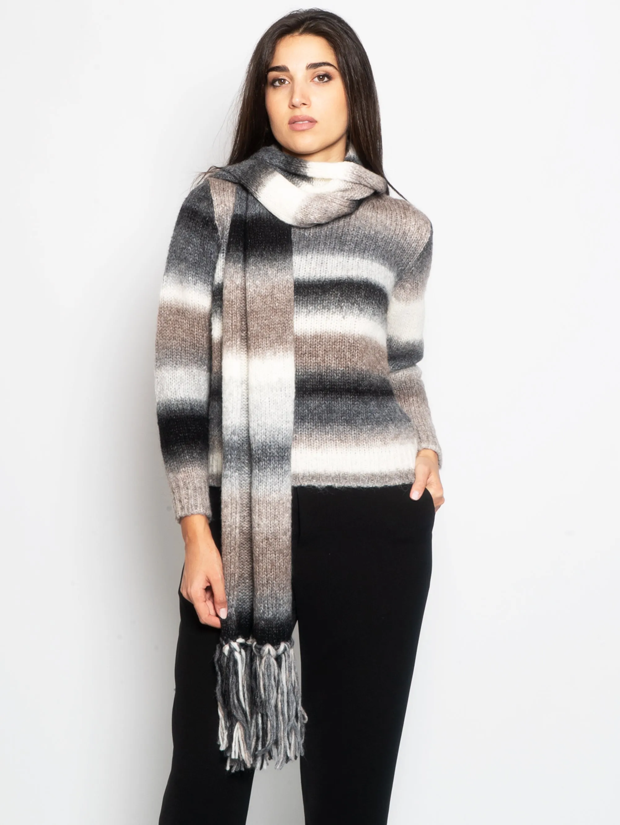 Sciarpa con Frange in Misto Alpaca Grigio