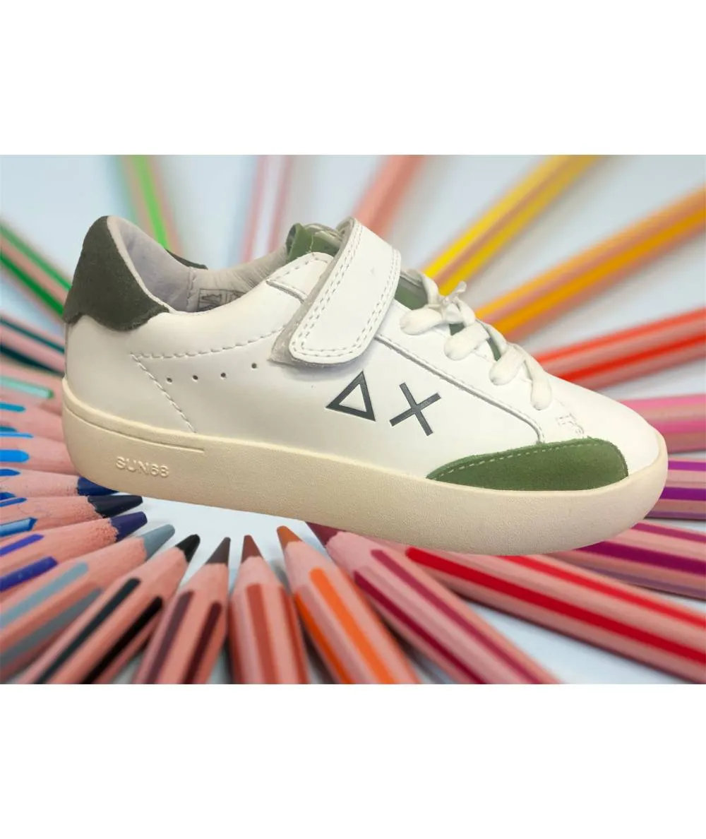 Sneakers SUN 68  pelle bianca r verde 1 strap plantare estraibile